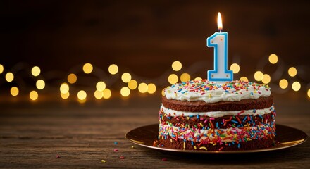 1st birthday. Celebrating First Birthday with Sprinkled Cake and Number Candle