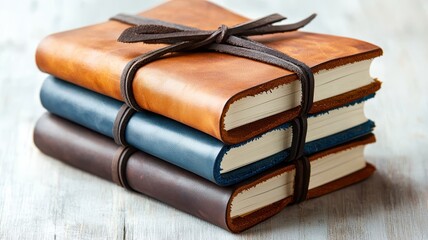Three beautifully bound leather notebooks stacked together, tied with a dark ribbon, resting on a rustic wooden surface.