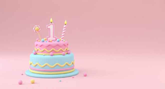 1st birthday. Birthday Cake for First Birthday with Candles on Pink Background - Powered by Adobe