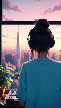 Anime Style Woman Gazing at Sunset Cityscape with Potted Plants Wearing Headphones and a Blue Sweater
