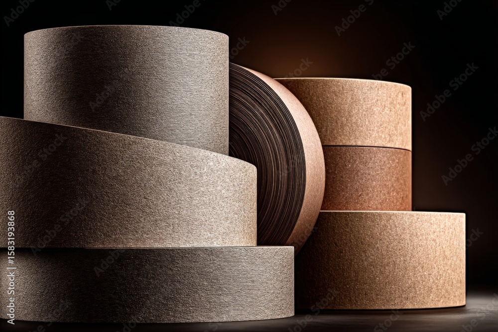 Poster creative arrangement of textured rolls of paper showcasing natural colors and patterns in a studio s