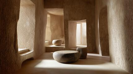 Organic clay walled room with natural light casting soft shadows on rounded stone furniture, creating calm and earthy atmosphere with textured surfaces and warm tones
