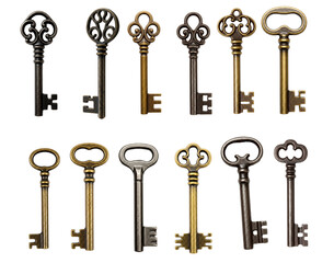 Assortment of vintage skeleton keys with ornate bows and classic warded bits in aged metal tones; keys feature elegant scrollwork and antique finish for nostalgic design themes