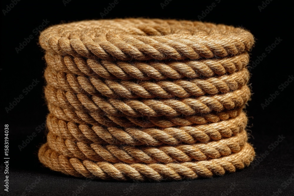 Poster rope coil arranged in a neat stack on a dark background showcasing texture and craftsmanship