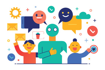 Naklejka premium Modern flat design illustrating teamwork, online communication, sharing and collaboration, with smiling faces and speech bubbles.