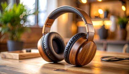 Stylish headphones on a wooden table
