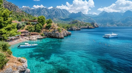 Fototapeta premium A scenic summer day with turquoise blue waters and majestic mountains