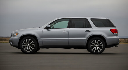 Silver SUV parked on asphalt, showcasing its side profile against a muted sky and distant landscape.