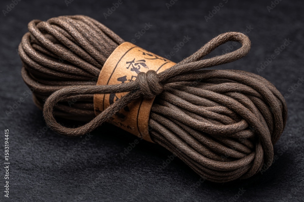 Poster high-quality brown cord coiled with a paper label resting on a dark background for crafts and artist