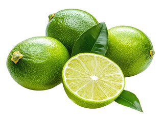 Fresh green limes with leaves and one lime cut in half showcasing juicy interior, isolated on transparent background