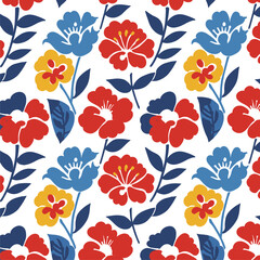 Vibrant Floral Pattern: Red, Blue, and Yellow Flowers on White Background