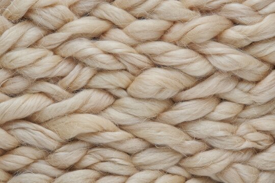 Close up macro view of thick chunky braided wool yarn texture in a neutral cream color