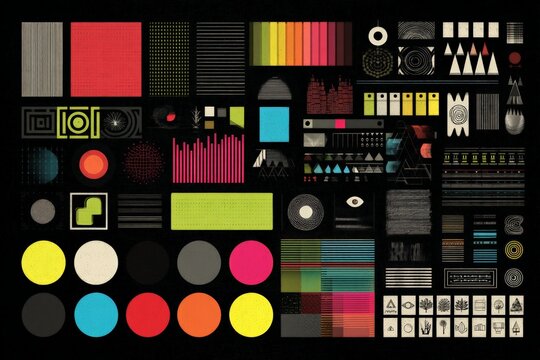 Colorful abstract designs create a vibrant visual display featuring various shapes and patterns against a black background