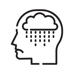 Depression line icon. Mental health disorder symbol with sad human head and rain cloud. Vector illustration for sadness, anxiety, and stress.