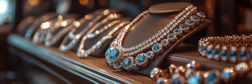 Luxury jewelry showcase featuring exquisite sapphire and diamond pieces in a finely crafted display at a high end jewelry store enticing customers to explore elegant designs and timeless beauty