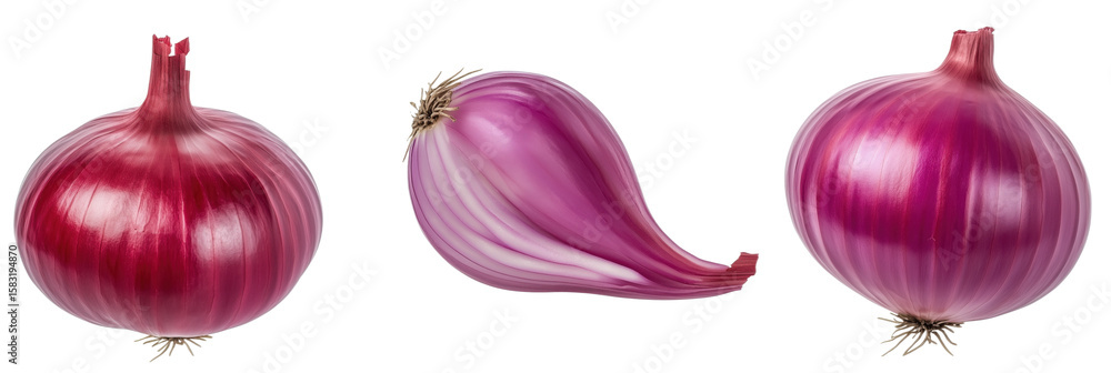 Poster red onions in various forms showcasing vibrant colors and textures, isolated on transparent backgrou