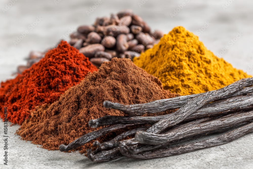 Aufkleber colorful spices and cocoa beans arranged on a textured surface create a vibrant display in a culinar