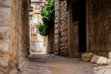 Charming Cobblestone Alley With Rustic Stone Houses and Green Accents
