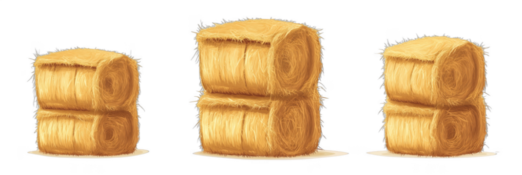Hay bales stacked in various positions showcasing agricultural storage methods, isolated on transparent background - Powered by Adobe