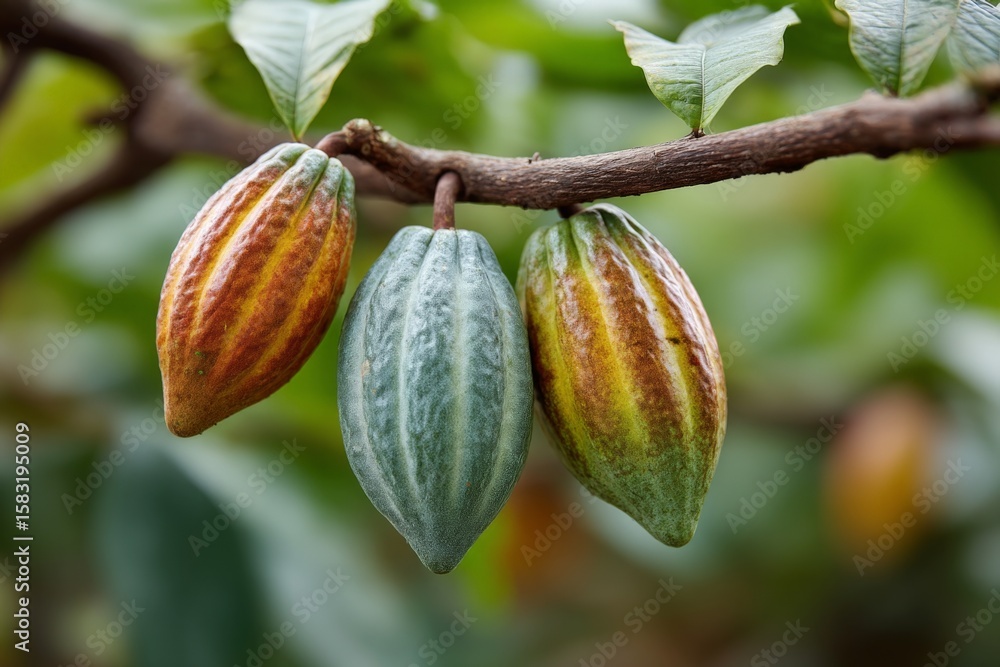 Poster cocoa pods growing on a tree in a tropical setting during a sunny day