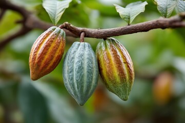 Cocoa pods growing on a tree in a tropical setting during a sunny day