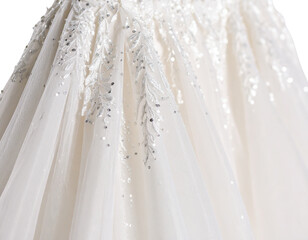 Detail of Wedding Dress Skirt with Cascading Lace and Sequin Patterns, Soft Curved Fabric, Isolated