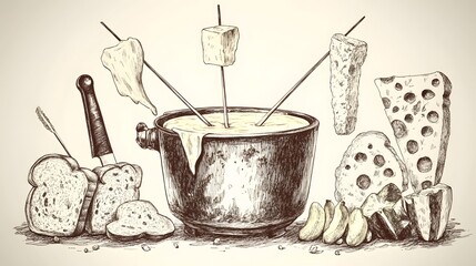 Cheese fondue with bread and dipping pieces.
