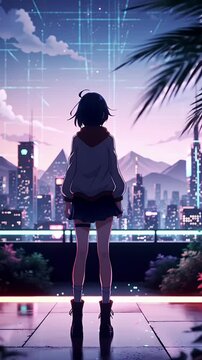 Anime Style Woman on Rooftop Gazing at Futuristic Pink and Blue Cityscape with Digital Grid Overlay and Palm Trees