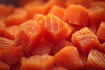 Freshly cut salmon pieces ready for preparation in a kitchen setting during midday cooking session