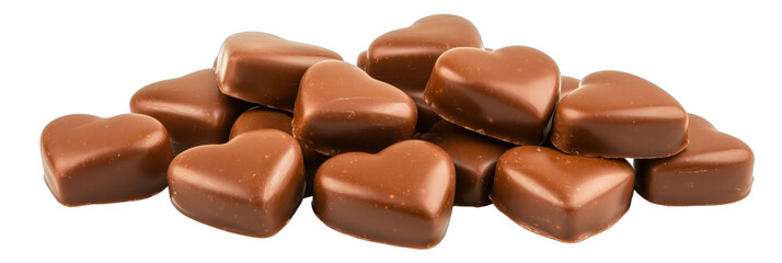 Fototapeta premium Heart-shaped chocolate candies stacked in a delightful arrangement for gifting or celebrations, isolated on transparent background