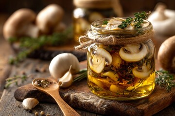 Homemade mushroom preserves in olive oil with herbs displayed on a rustic wooden surface