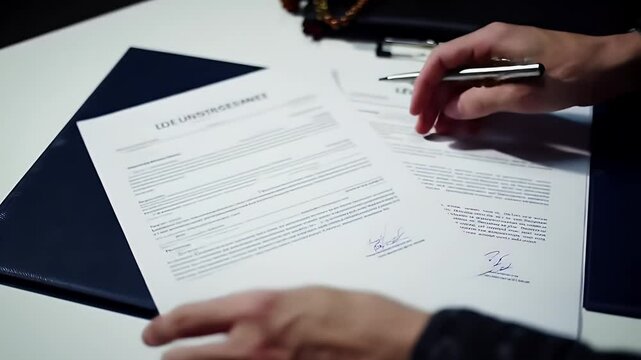 Close up of Business Documents on White Desk with Blue Cover and Printed Text Inspection Paper with Signature Handing Checking the Form - Powered by Adobe