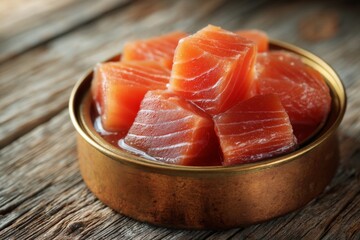 Freshly cut chunks of vibrant salmon displayed in a rustic metal bowl on wooden tabletop