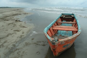 Obraz premium Colorful wooden boat rests on sandy beach under gray sky at coastal location