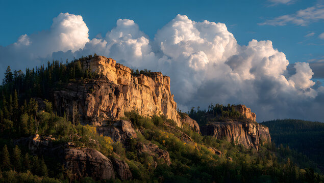 Showing layered plateau rock catching sunset light over forest canopy, cumulus clouds, copy space - Powered by Adobe