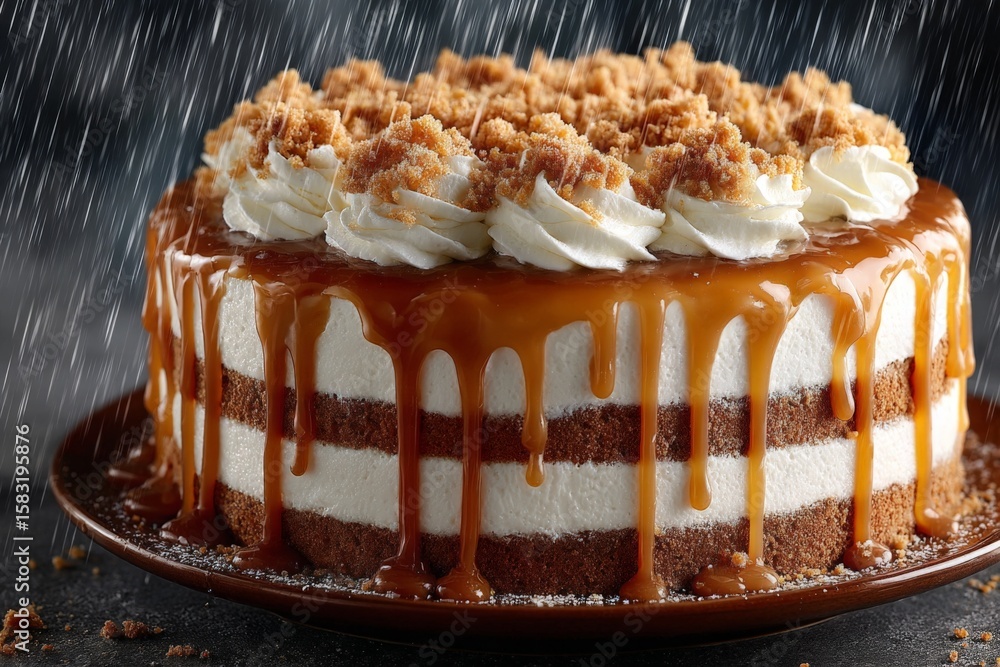 Aufkleber delicious multi-layered cake with creamy frosting and caramel drizzle placed on a dark table during 
