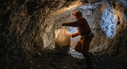 Miner in Underground Cave Collecting Minerals with Headlamp and Safety Gear