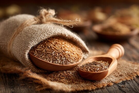 Brown cumin seeds spill from a burlap sack onto a wooden surface with measuring spoon beside it in a rustic setting - Powered by Adobe