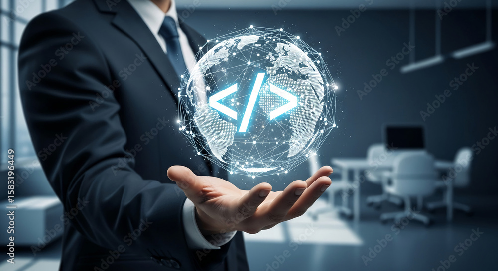 Fototapete businessperson's hand holds glowing globe with code symbol, representing global coding, digital conn
