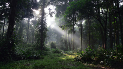 Fototapeta premium Sunbeams Through the Forest A Majestic Dawn in Lush Woods