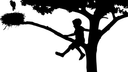 Silhouette of a boy climbing a tree with a bird and a nest on a branch in black and white style art