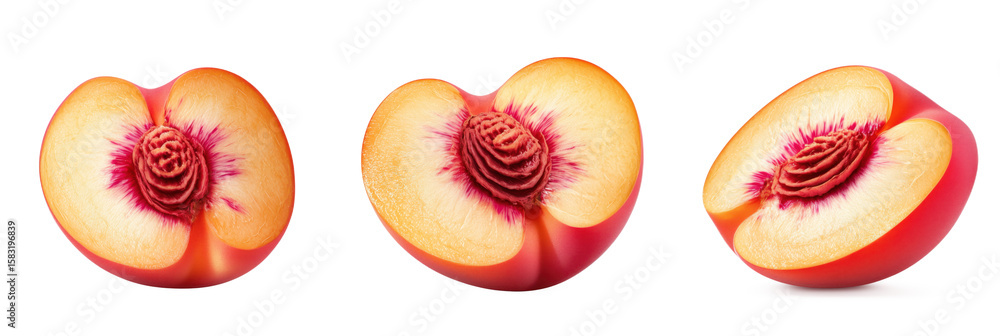 Poster freshly sliced peaches showcasing vibrant colors and textures in three sections, isolated on transpa