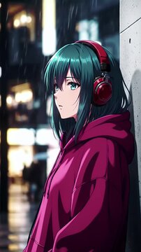 Anime Style Young Woman in Maroon Hoodie and Headphones Standing Against Concrete Wall in Rainy City Night