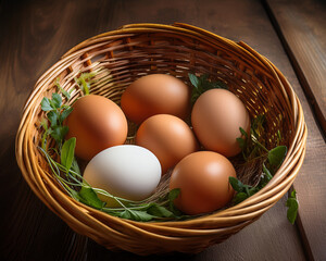 Fresh brown and white organic farm eggs in a natural wicker basket