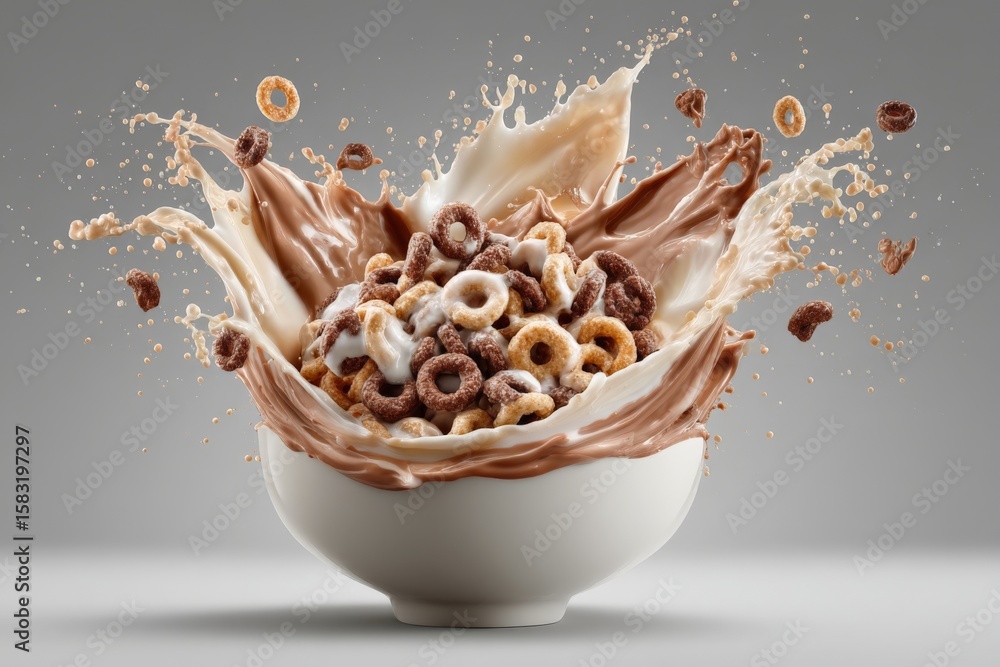 Poster delicious cereal splash with milk capturing the crunch and flavor in a dynamic display