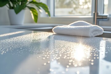 A spotless, minimalist kitchen countertop with a reflection showing its pristine condition. Subtle water droplets and a cleaning cloth in the background for added realism. Bright and fresh atmosphere.