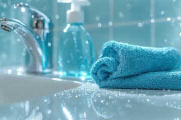 A sparkling white bathroom sink with a chrome faucet. Cleaning spray and a microfiber cloth resting nearby. Water droplets glistening under bright lighting to emphasize cleanliness.