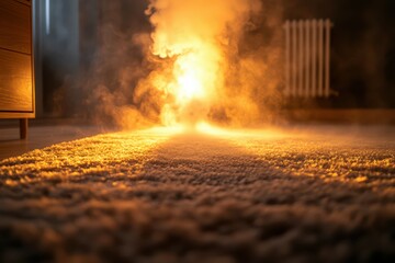 A powerful steam cleaner releasing vapor as it cleans a soft, plush carpet. Warm lighting with a contrast between the cleaned and uncleaned areas.