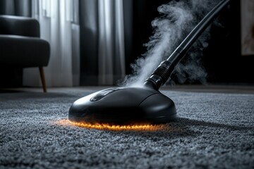 A powerful steam cleaner releasing vapor as it cleans a soft, plush carpet. Warm lighting with a contrast between the cleaned and uncleaned areas.