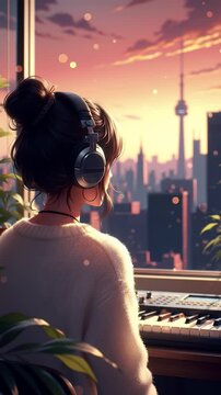 Anime Style Young Woman Playing Piano with City Sunset Background with Headphones in Vertical Japanese Manga Style